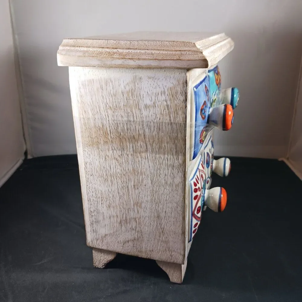 Mini Wooden Chest With Hand Painted Ceramic 4 Drawers